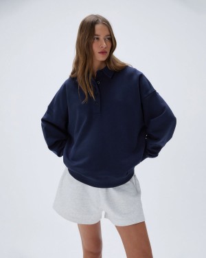 Adanola Oversized Button Up Sweatshirt Navy Blau | 87IPJMGQK