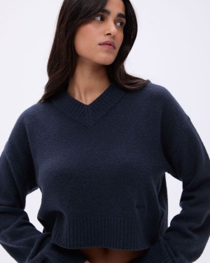 Adanola V Neck Knit Sweatshirt Tiefesblau | 29CTBOJPD